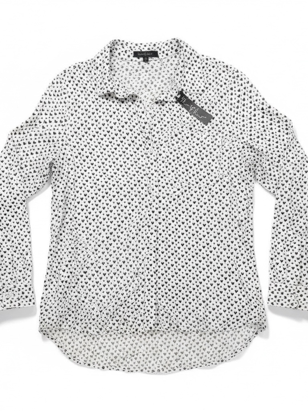 Velvet Heart White Long-Sleeve Button-Down Shirt with Black Heart Micro-Print